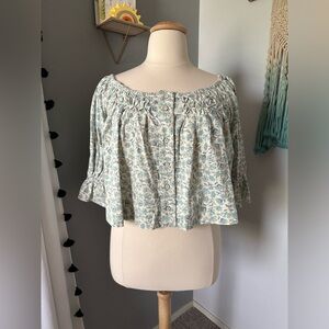 Free People Blue Floral Off Shoulder Button Front Crop Top